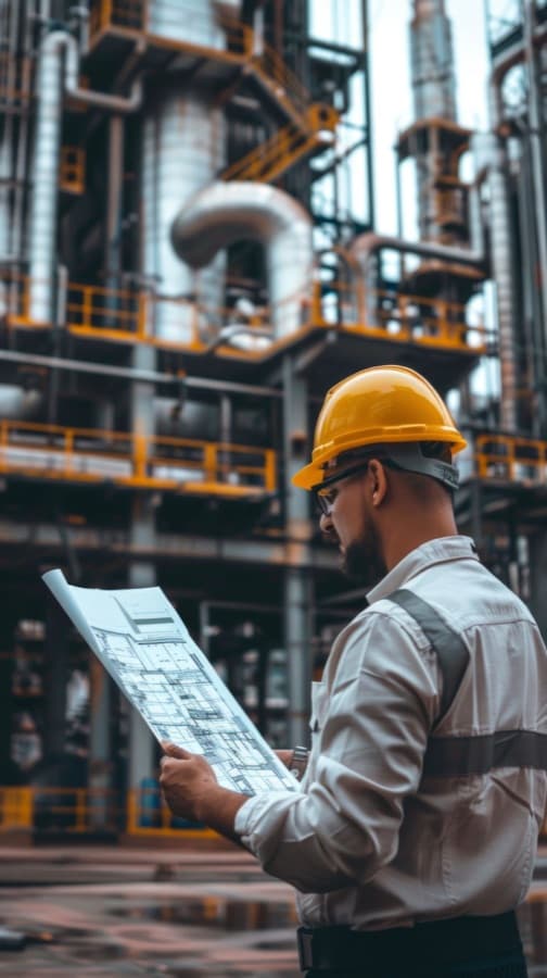 An engineer reading blueprints